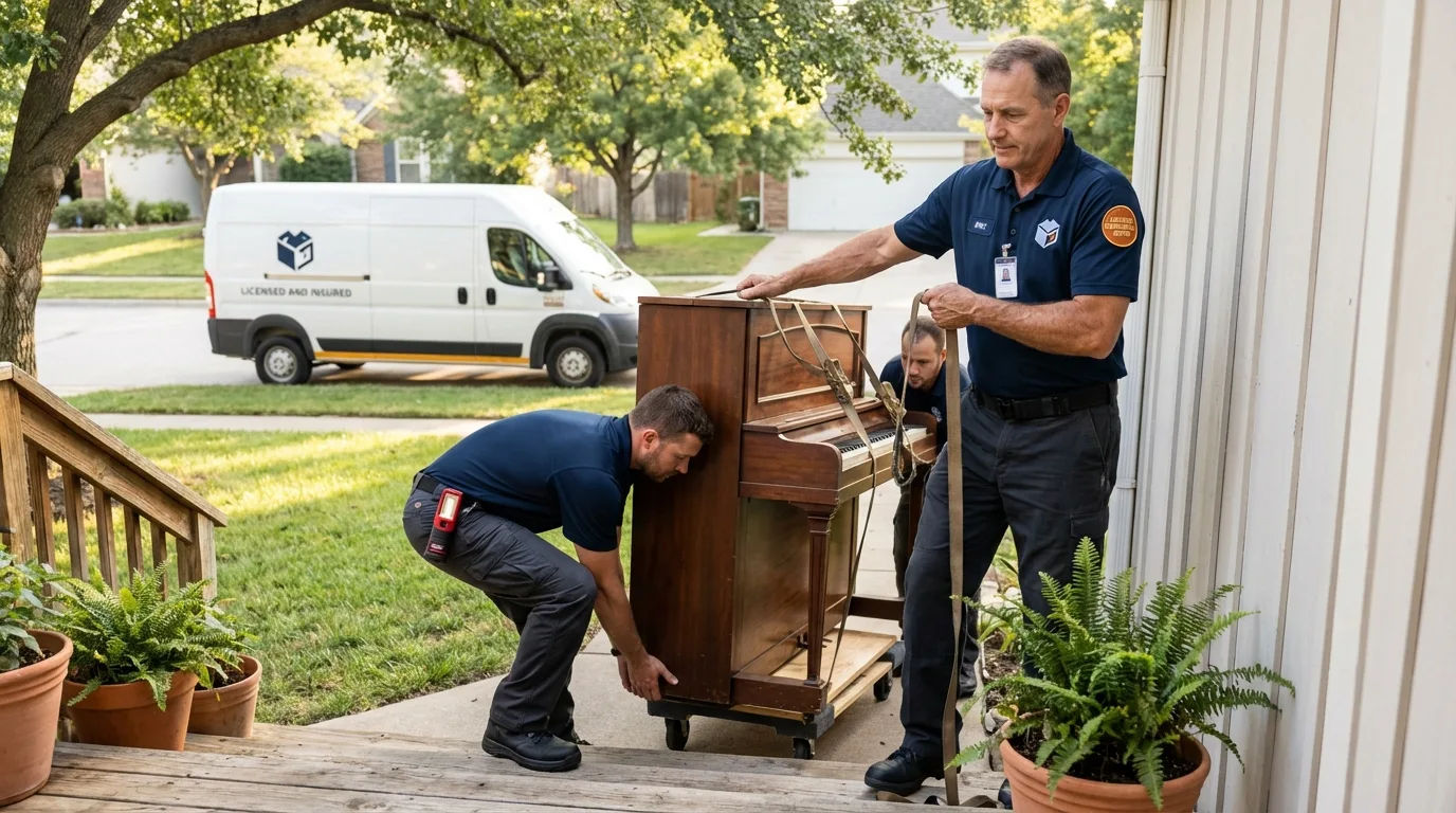 Licensed piano movers securing grand piano in Bethlehem, PA