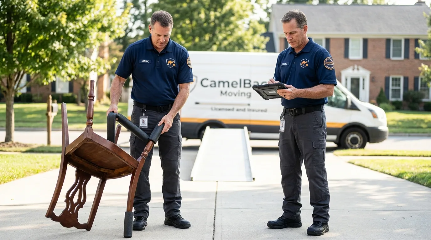 Movers inspecting furniture for damage prevention before loading in Bethlehem, PA