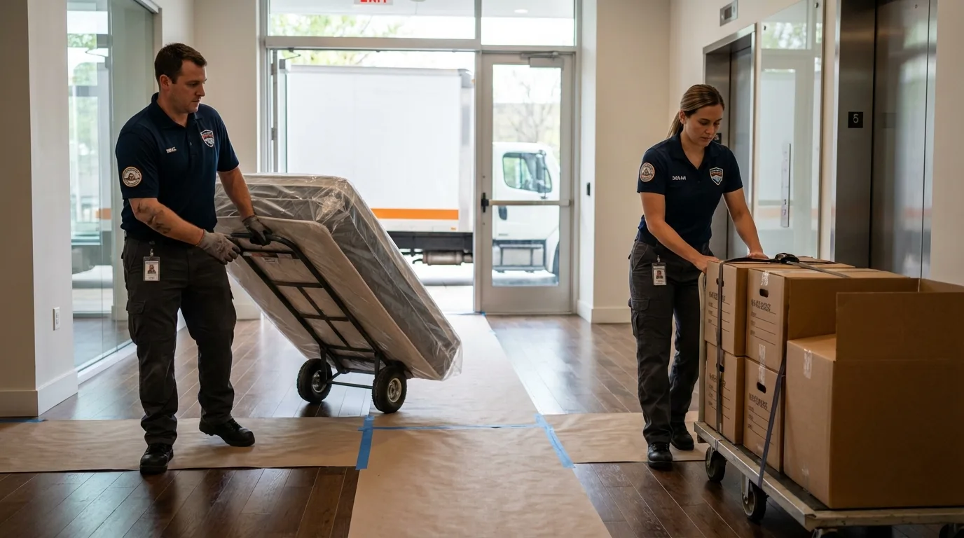 Professional apartment movers loading elevator in Bethlehem, PA